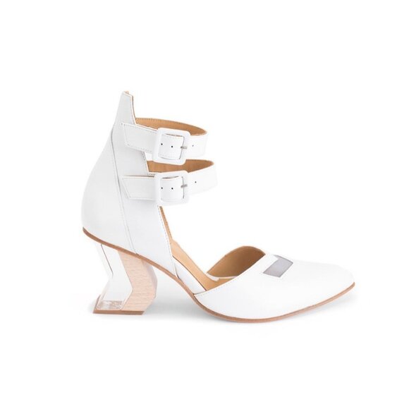 john fluevog Authentic White Leather Modern Living Slant Ankle Strap Heel 9 - Picture 2 of 12